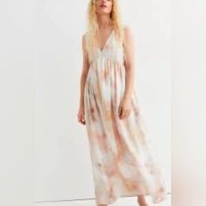 H&M Watercolor Maxi Dress Size Large White Tan Brown Gray Satin